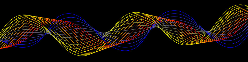 Rainbow colored wavy lines with dynamic patterns on a black background, a modern and energetic look.