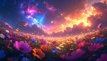 Dreamscape Meadow Celestial Sky Above a Vibrant Field of Flowers