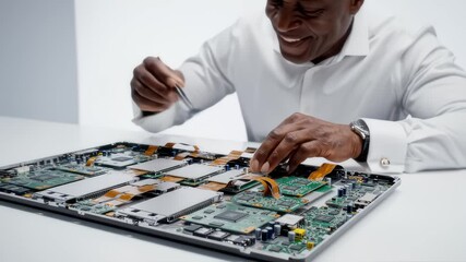 Engineer Repairs Laptop Circuit Board With Tweezers in a White Studio