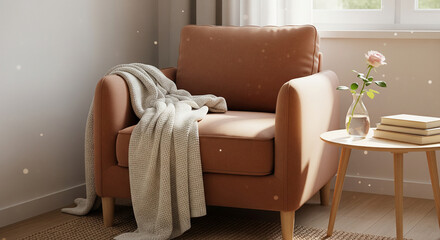  A soft, inviting living room corner with a comfortable armchair and a warm throw blanket. A single, tasteful decorative item (e.g., a vase with a single flower) adds warmth. Creates a sense of satisf