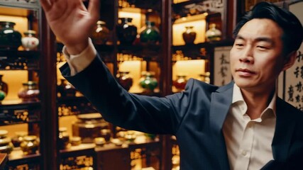 Traditional apothecary, elegant man in suits with ornate wooden shelves, colorful jars, warm lighting, and cultural references focusing on herbal wisdom