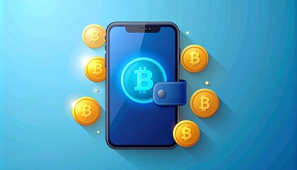 Cryptocurrency Wallet on Smartphone with Bitcoin and Wallet Icon Surrounded by Coins