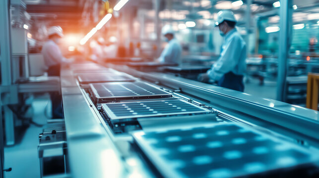asian battery giga factory workers assembling modules soft tones photo style