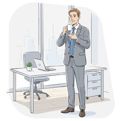 Professional businessman standing in modern office environment. Businessman enjoying morning coffee break. Corporate executive sipping coffee standing near desk. Successful entrepreneur thinking while