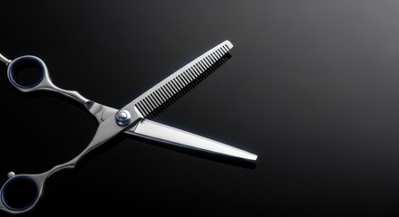 Professional thinning hair scissors lying on a sleek black reflective surface, highlighting precision, hairdressing tools, and barber services.