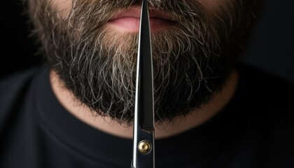 Close up of professional barber scissors held vertically near a thick beard and mustache. Concept for precision grooming, male styling, barbershop hygiene and personal facial hair care.