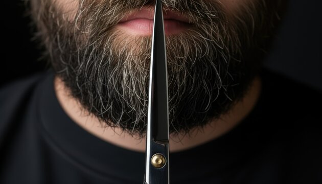 Close up of professional barber scissors held vertically near a thick beard and mustache. Concept for precision grooming, male styling, barbershop hygiene and personal facial hair care.
