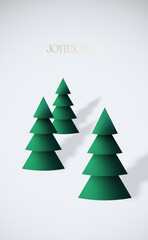 Obraz premium Minimalist design showcasing layered green trees against light background, festive vibe. Vector template for social media, social network, stories.