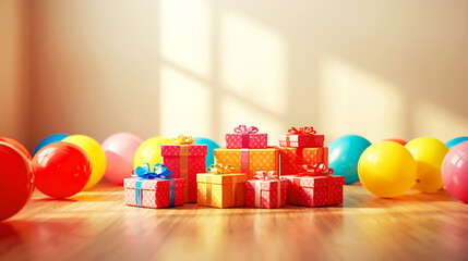 happy birthday card with gifts box, ballons