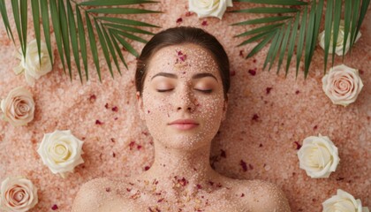 Relaxed woman with rose petal salt scrub lying in floral spa setting, symbol of self care, skin treatment, feminine beauty ritual and spring wellness escape