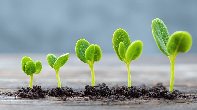 Plant sprouts and seedlings growing inconsistent stages fresh green soil with water droplets, symbolizing natural growth and development wooden