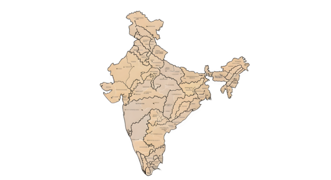Detailed Political Map of India with States and Union Territories Outlined.