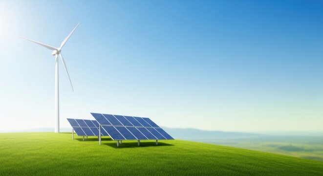 Wind turbine and solar panels situated on a bright green hill under a clear blue sky, illustrating clean, renewable energy and a sustainable, modern future. - Powered by Adobe