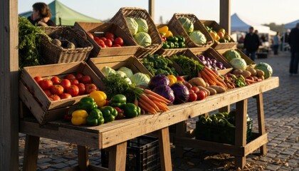 Farmers market stall with fresh colorful vegetables on rustic pine wood table from Europe celebrating local harvest organic food culture and slow living at sunrise in small town square