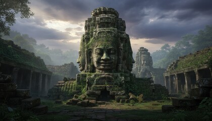 Ancient stone temple with serene carved faces in lush jungle landscape of Cambodia at sunrise