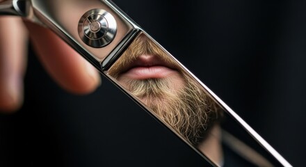 Macro shot of a man's stylish beard and mouth reflected in the sharp blade of professional barber scissors, symbolizing grooming and precision haircut services.