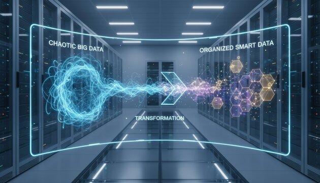 Neon data stream transforms from chaos to ordered shapes in a server hall, symbolizing big data analytics, smart insight trends and digital transformation