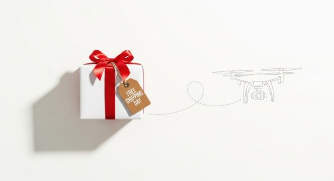 White gift box with red ribbon and "Free Shipping Day" tag connected to a drone outline. Concept for fast delivery, e-commerce, holiday shopping, drone logistics and modern technology. - Powered by Adobe