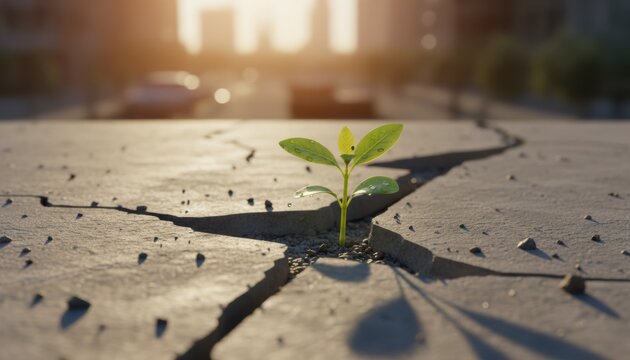 Green seedling emerging through cracked concrete in city street symbolizing resilience climate hope and sustainable urban renewal at golden hour in metropolis
