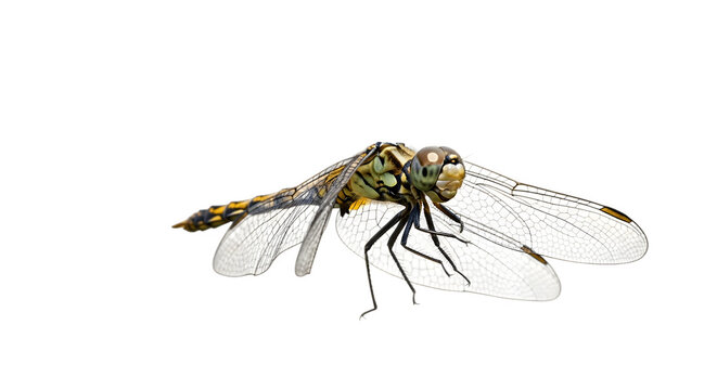 Detailed side profile of a dragonfly insect with transparent wings.