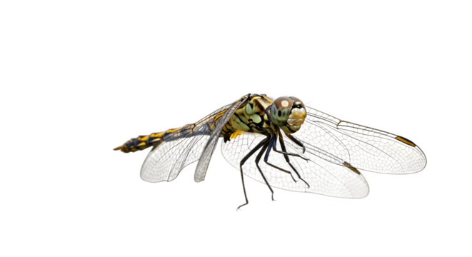 Detailed side profile of a dragonfly insect with transparent wings.