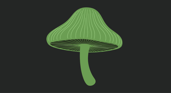A stylized illustration of a single green mushroom with a curved stem and striped cap shown against a solid dark gray background.