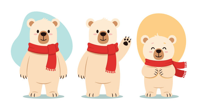 A delightful set of three cute cartoon polar bears each wearing a red scarf and standing in different charming poses.