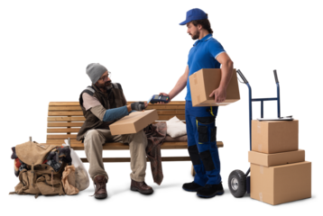 Homeless Man Receiving Delivery on Bench with Shopping Cart on White Background