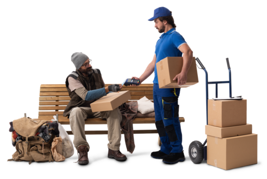 Homeless Man Receiving Delivery on Bench with Shopping Cart on White Background