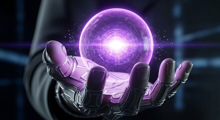 Powerful robotic hand holding a glowing orb of data perfect for tech startup branding and presentations