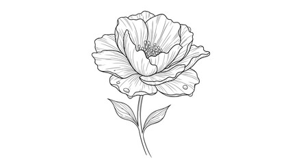 A detailed line drawing of a peony flower on a stem.