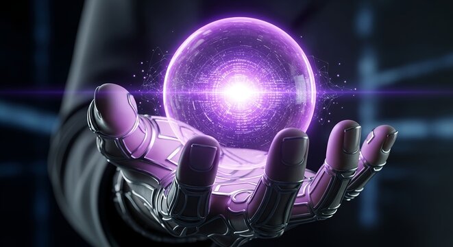 Powerful robotic hand holding a glowing orb of data perfect for tech startup branding and presentations