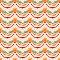 Christmas garland stars fir tree branches seamless pattern. festive winter holiday background wrap
