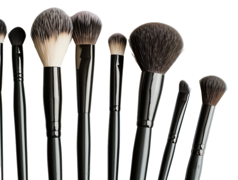 A set of professional makeup brushes is neatly arranged against a transparent background, showcasing various sizes and shapes perfect for any makeup application needs