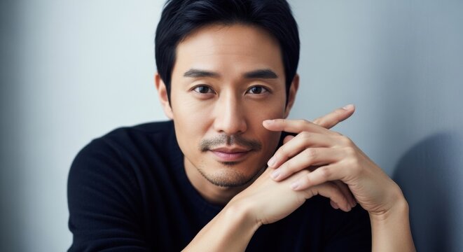 Close-up portrait of a confident Asian man with a subtle smile and relaxed pose emphasizing