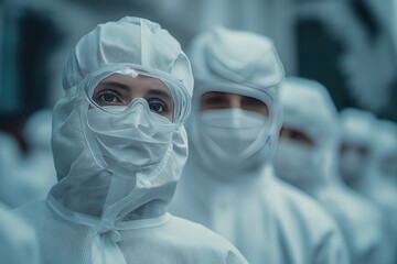 Medical team in white protective suits and transparent face masks conducting outdoor operations at hospital, demonstrating safety and service in blurred background for public health concepts.