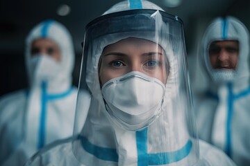  Hospital staff wearing complete protective suits with clear face shields working in outdoor area, emphasizing team safety and professional service in blurred scene for medical campaigns.