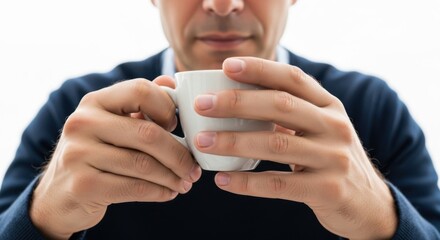 Close-up of a man holding a white coffee cup with both hands during