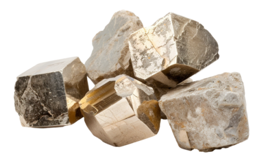 A group of pyrite cubes displays their distinct crystalline structures. Each cube reflects light differently, enhancing their metallic appearance against the white backdrop