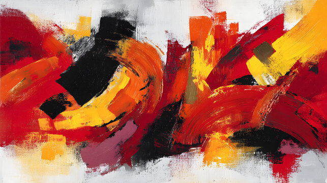 Bold abstract painting in red, yellow, and black, featuring dynamic brushstrokes and striking composition for a modern artistic effect.