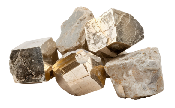 A group of pyrite cubes displays their distinct crystalline structures. Each cube reflects light differently, enhancing their metallic appearance against the white backdrop
