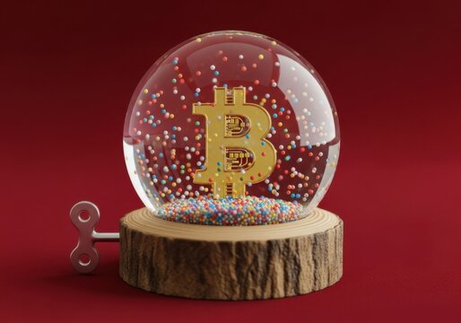 A bitcoin symbol inside a clear glass snow globe with colorful confetti against a deep red background, featuring a wooden base and a winding key - Powered by Adobe