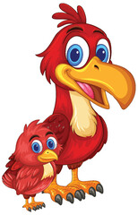 Cartoon Red Birds Standing Together on White Background