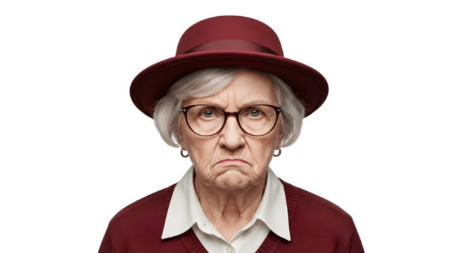 Elderly woman with glasses and hat looking directly at the camera with a stern expression.