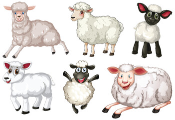 Cartoon Sheep and Lambs in Various Playful Poses