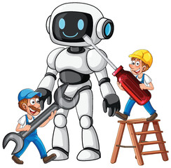 Engineers Repairing Friendly Robot with Oversized Tools