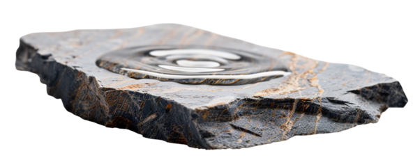 A stone slab displays a circular ripple effect on its surface, highlighting natural textures and colors. The transparent background emphasizes the stone's details, adding focus and clarity