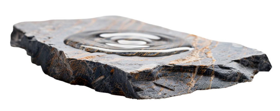 A stone slab displays a circular ripple effect on its surface, highlighting natural textures and colors. The transparent background emphasizes the stone's details, adding focus and clarity