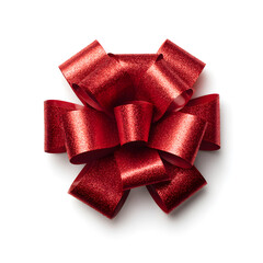 Bright red gift bow with elegant loops and shiny texture, perfect for festive presents or holiday decorations isolated on white background.