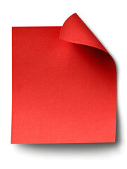 Bright red sticky note sticker with slightly curled edges and smooth surface, isolated on white background.